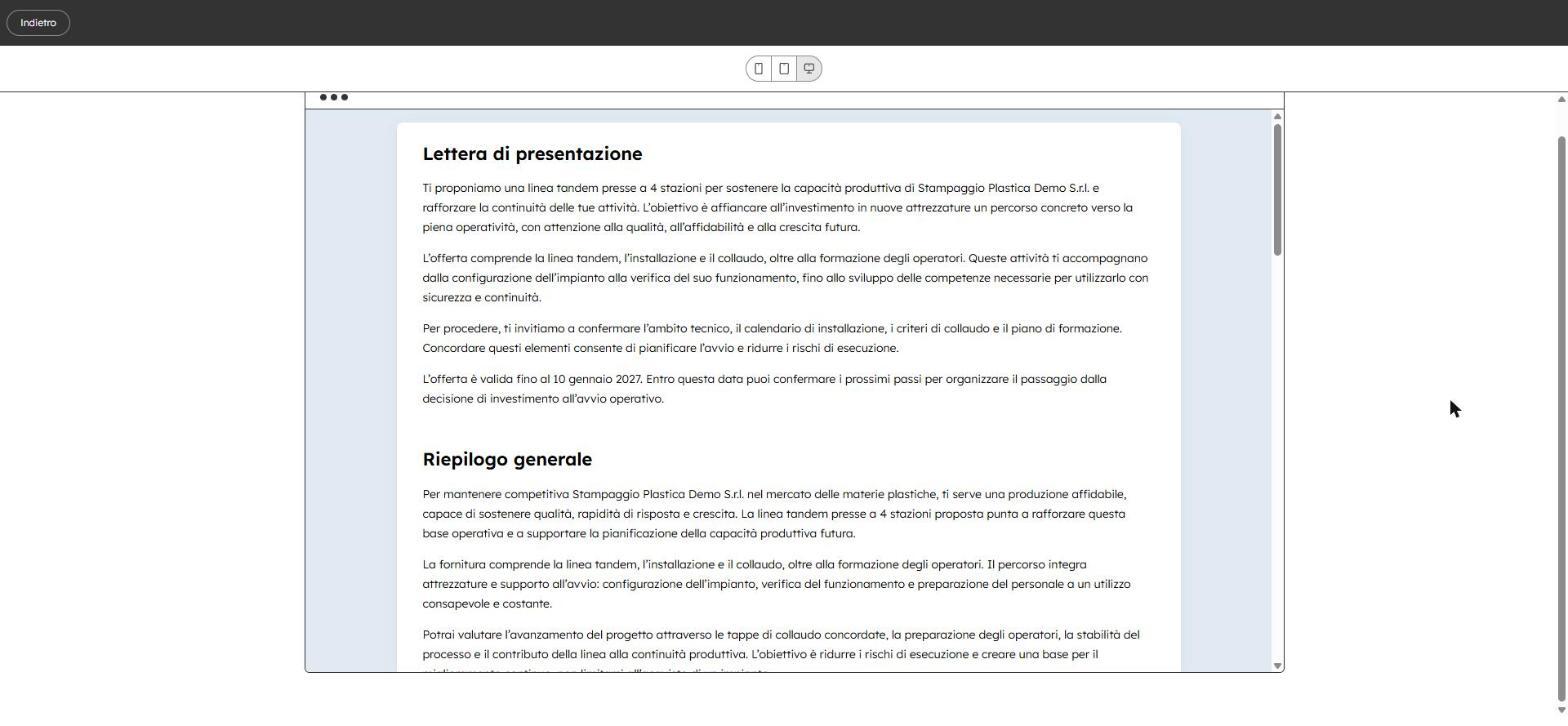 Lettera di presentazione di un preventivo HubSpot scritta in italiano
