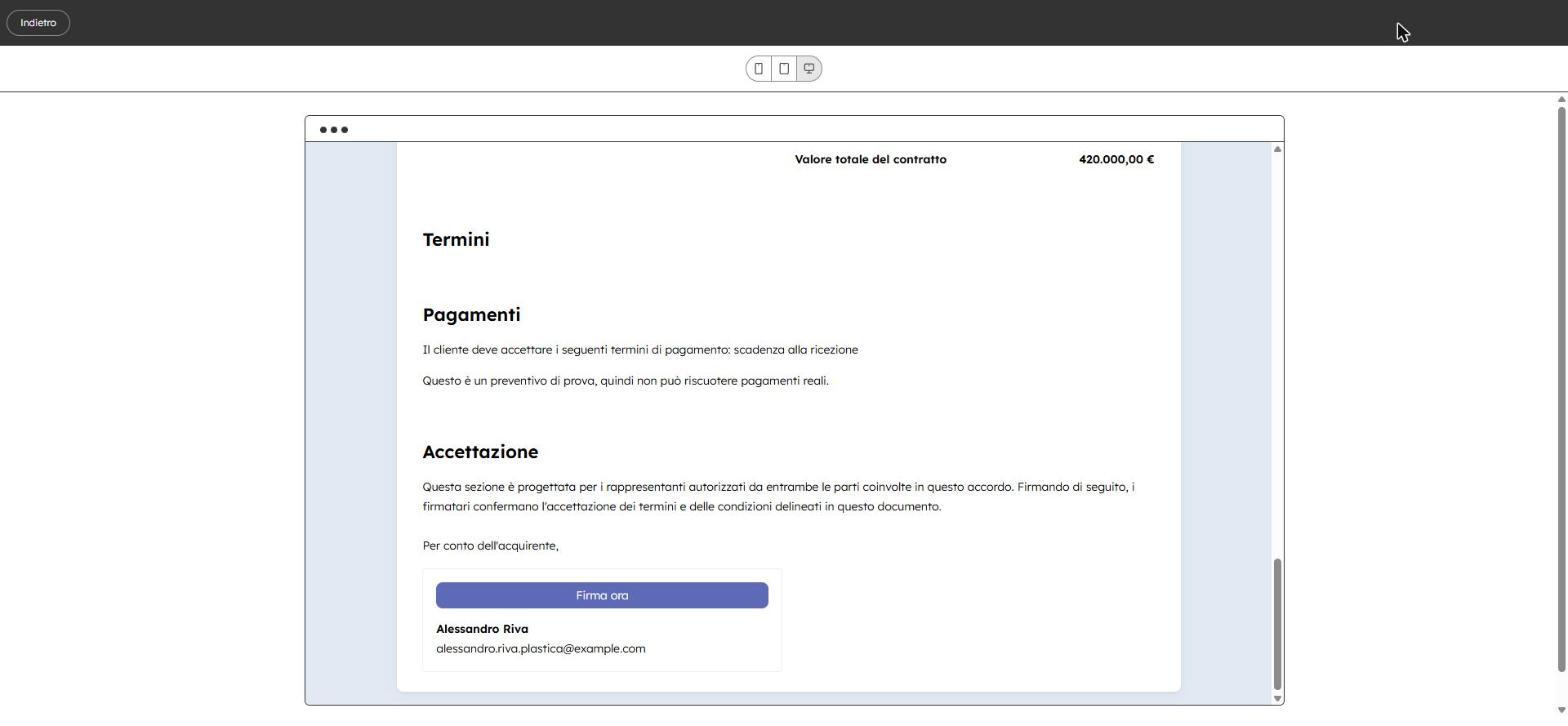 Sezione di accettazione di un preventivo HubSpot con pulsante di firma elettronica